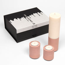 Load image into Gallery viewer, candle gift box with vegan soy wax candles and concrete tealight holders
