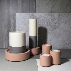 Concrete and Wax Hand Poured Soy Wax candle Trio Tealight Candle Holder Set Blush Pink and grey lifestyle shot