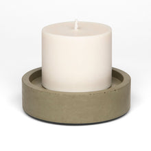 Load image into Gallery viewer, concrete and wax hand poured vegan soy large candle on a olive concrete plate holder
