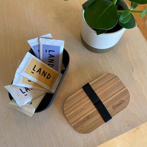 Bamboo Lunch box with Stash. logo, sustainable and plastic free at first coffee shop