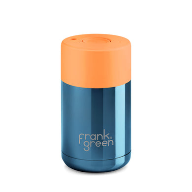 Frank Green 10oz Reusable Ceramic Cup, Chrome Blue with Neon Orange Lid