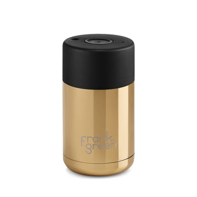 Frank Green 10oz Reusable Ceramic Cup, Chrome Gold with Black Lid