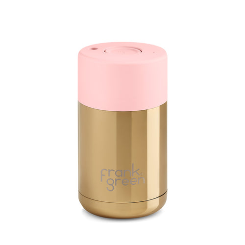 Frank Green 10oz Reusable Ceramic Cup, Chrome Gold with Blush Pink Lid