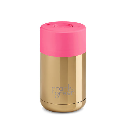 Frank Green 10oz Reusable Ceramic Cup, Chrome Gold with Neon Pink Lid