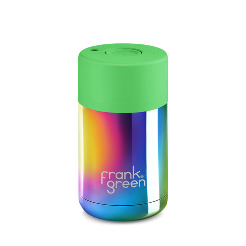 Frank Green 10oz Reusable Ceramic Cup, Chrome Rainbow with Neon Green Lid