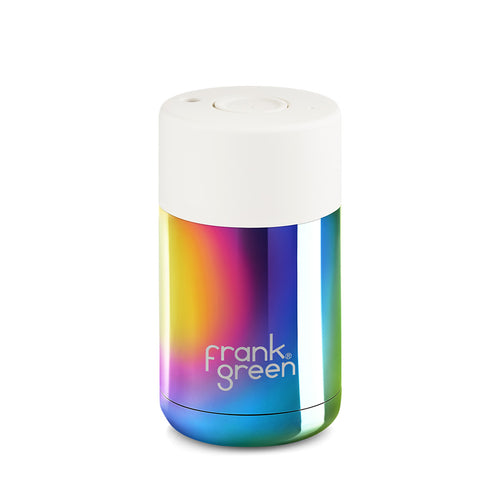 Frank Green 10oz Reusable Ceramic Cup, Chrome Rainbow with White Lid