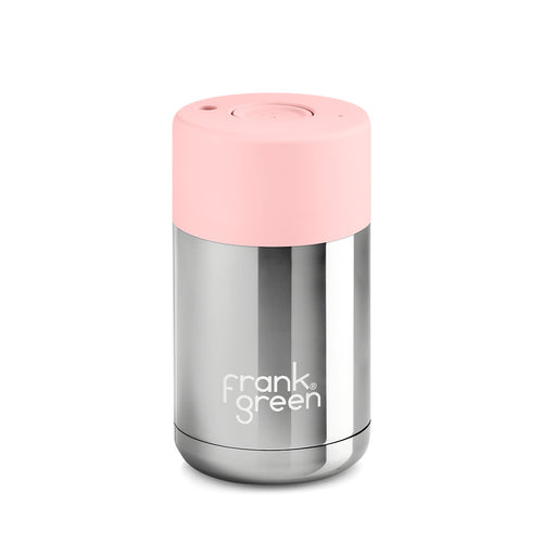 Frank Green 10oz Reusable Ceramic Cup, Chrome Silver with Blush Pink Lid