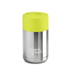 Frank Green 10oz Reusable Ceramic Cup, Chrome Silver with Neon Yellow Lid