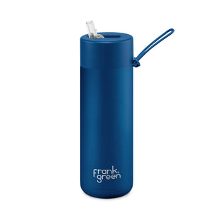 frank green 20oz reusable ceramic water bottle with straw lid in deep ocean blue