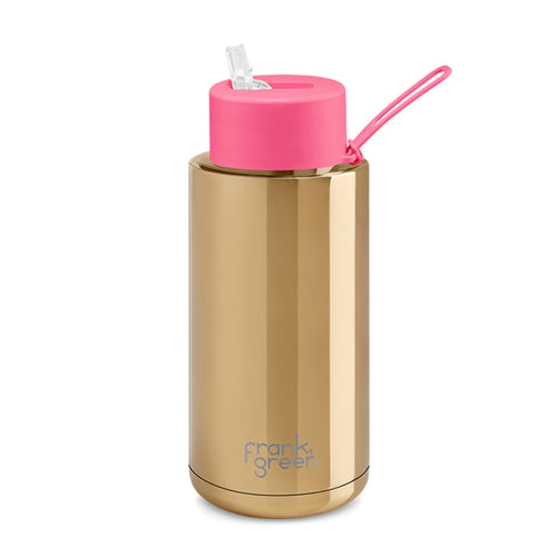 Frank Green 34oz Ceramic Reusable Bottle Chrome Gold with Neon Pink Lid