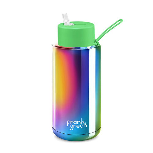 Frank Green 34oz Ceramic Reusable Bottle Chrome Rainbow with Neon Green Lid