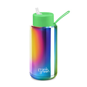 Frank Green 34oz Ceramic Reusable Bottle Chrome Rainbow with Neon Green Lid