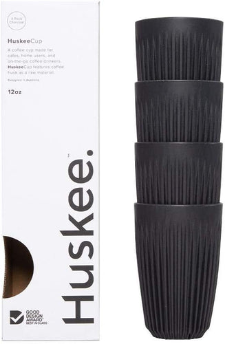 Huskeecup with packaging for 12oz reusable cup set in Charcoal. Australian brand made from coffee husks.